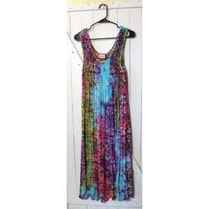 Noelle One Size Colorful Tie Dye Ribbed Top Sleeveless Maxi Dress Boho Festival